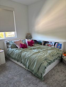 Full Size White Corner Bookcase Bed Frame – Kids Bed