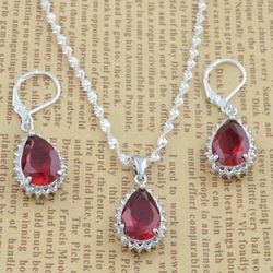 925 Silver Ruby Water Drop. Necklace Earrings Set