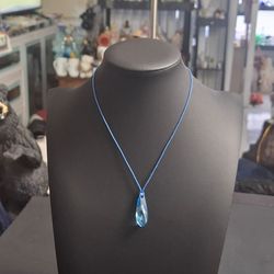 Swarovski Faceted Teardrop Aquamarine Crystal Pendant Necklace On Blue Cord Chain 15" +2.5" Extra Chain - Mint Condition, Like New