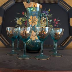 Hungarian Glass Pitcher Stirrer And 6 Glasses 