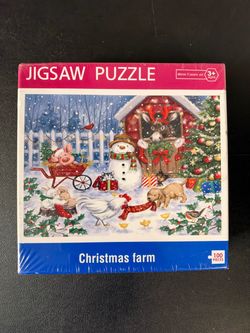 Christmas Farm Holiday Snowman, Animals Jigsaw Puzzle 100pc-New