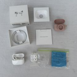 Apple AirPod Pro 1, left AirPod and Lightning MagSafe case, pink AirTag case