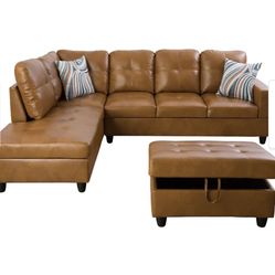 Caramel Leather Sectional Couch 