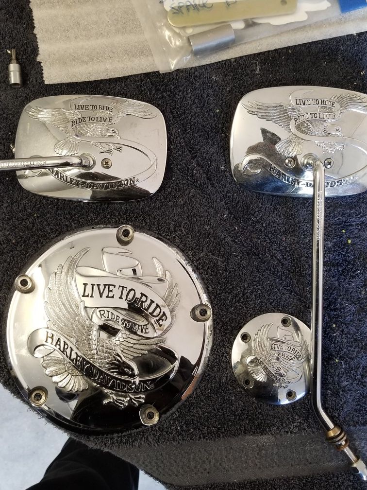 Harley davidson LIVE TO RIDE derby cover, time cover and mirrors