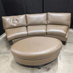 Contemporary Brown Leather Curved Sectional Sofa with Matching Round Ottoman