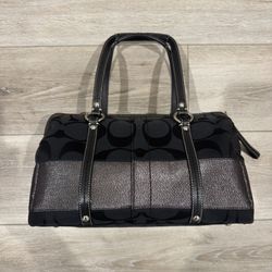 Coach Signature Black/Gunmetal Canvas Jacquard Zip Satchel Handbag