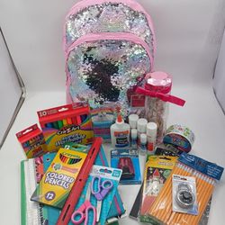 Girls Large Sparkly Pink Book Bag, Tumbler & School Supplies Bundle.