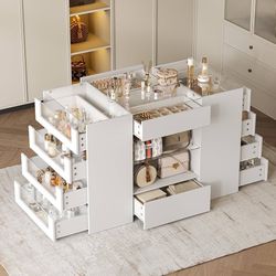 1554a  Closet Island with Drawers, Wardrobe Armoire Bedroom Island, Glass Display Shelf & 12 Drawers, White Dresser with Glass Top, Walk-in Closet Isl