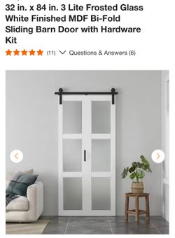 32 in. x 84 in. 3 Lite Frosted Glass White Finished MDF Bi-Fold Sliding Barn Door with Hardware Kit