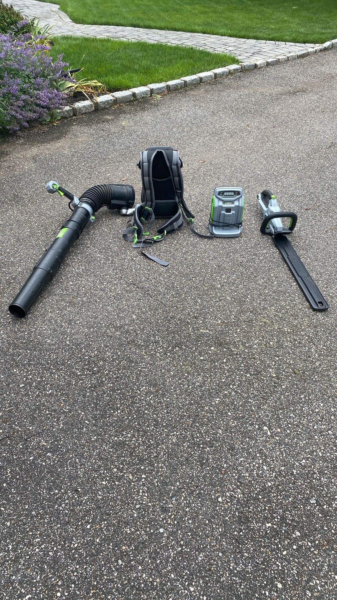 EGO Backpack Blower, Hedge Trimmer And Rapid Charger