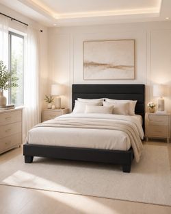 Queen bed Size Platform Bed Frame with Velvet Upholstered Headboard and Wooden Slats Support, Fully Upholstered Mattress Foundation/No Box Spring Need