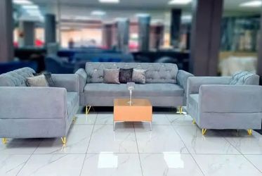 Gray Tufted Sofa Set with Gold Legs