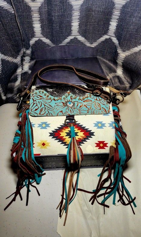 Western/Aztec Cowhide/leather Tooled Fringe Crossbody Bag