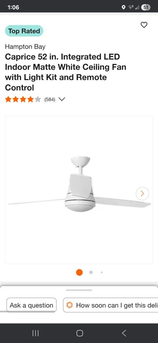 Hampton Bay
Caprice 52 in. Integrated LED Indoor Matte White Ceiling Fan with Light Kit and Remote Control
