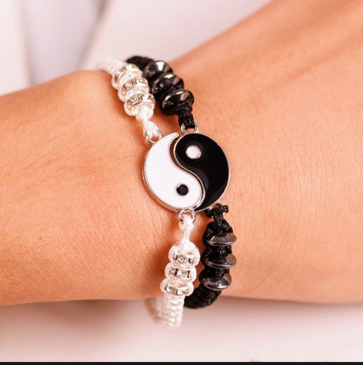 Yin Yang Rope And Bead Couples Bracelet Set. Good For Bff Or Couples. Adjusts To Fit All.  