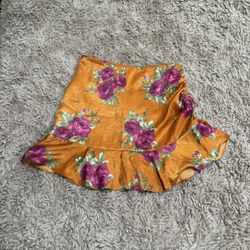 Forever 21 Women Orange Floral Satin Mini Skirt 