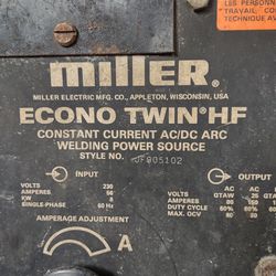 MillER.

MILLER ELECTRIC MFG. CO., APPLETON, WISCONSIN, USA

ECONO TWIN HF

CONSTANT CURRENT AC/DC ARC

WELDING POWER SOURCE

STYLE NO. JF905102

