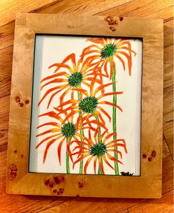 Original 8x10 Flower Drawing in Burl Grain Style Wood Frame with Stand