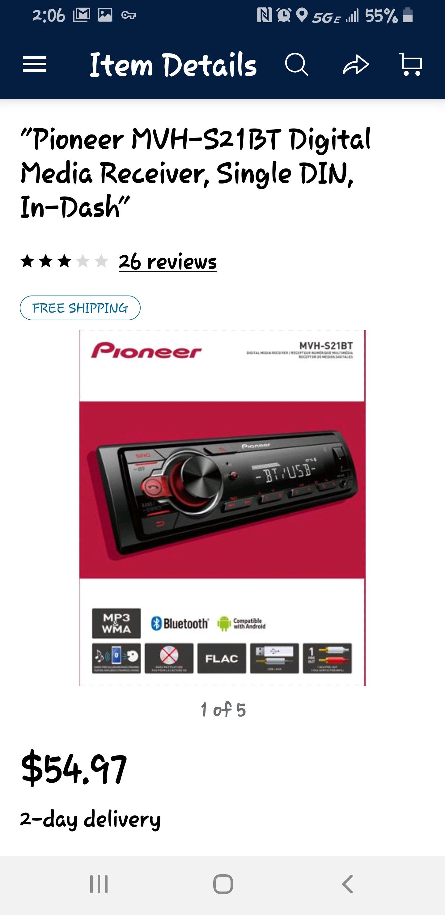 Pioneer MVH-S215BT Stereo Single DIN Bluetooth In-Dash USB MP3 Auxiliary AM/FM Android Smartphone Compatible Digital Media Car Stereo Receiver