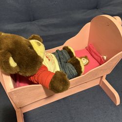 Wooden Cradle W Teddy Freshly Psinted,gnomes New,Missy Kitty ,mechanical Toy