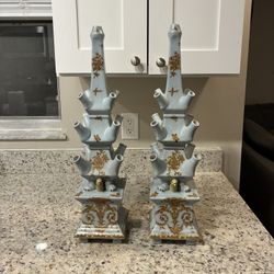 Pair of Asian Porcelain Tulipieres Pyramid Form Flower Vases 