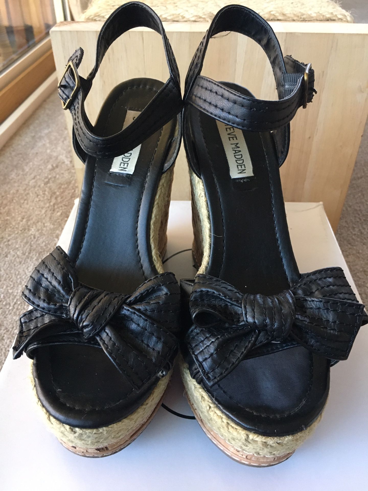 Steve Madden Black Bow Tie Cork Wedges