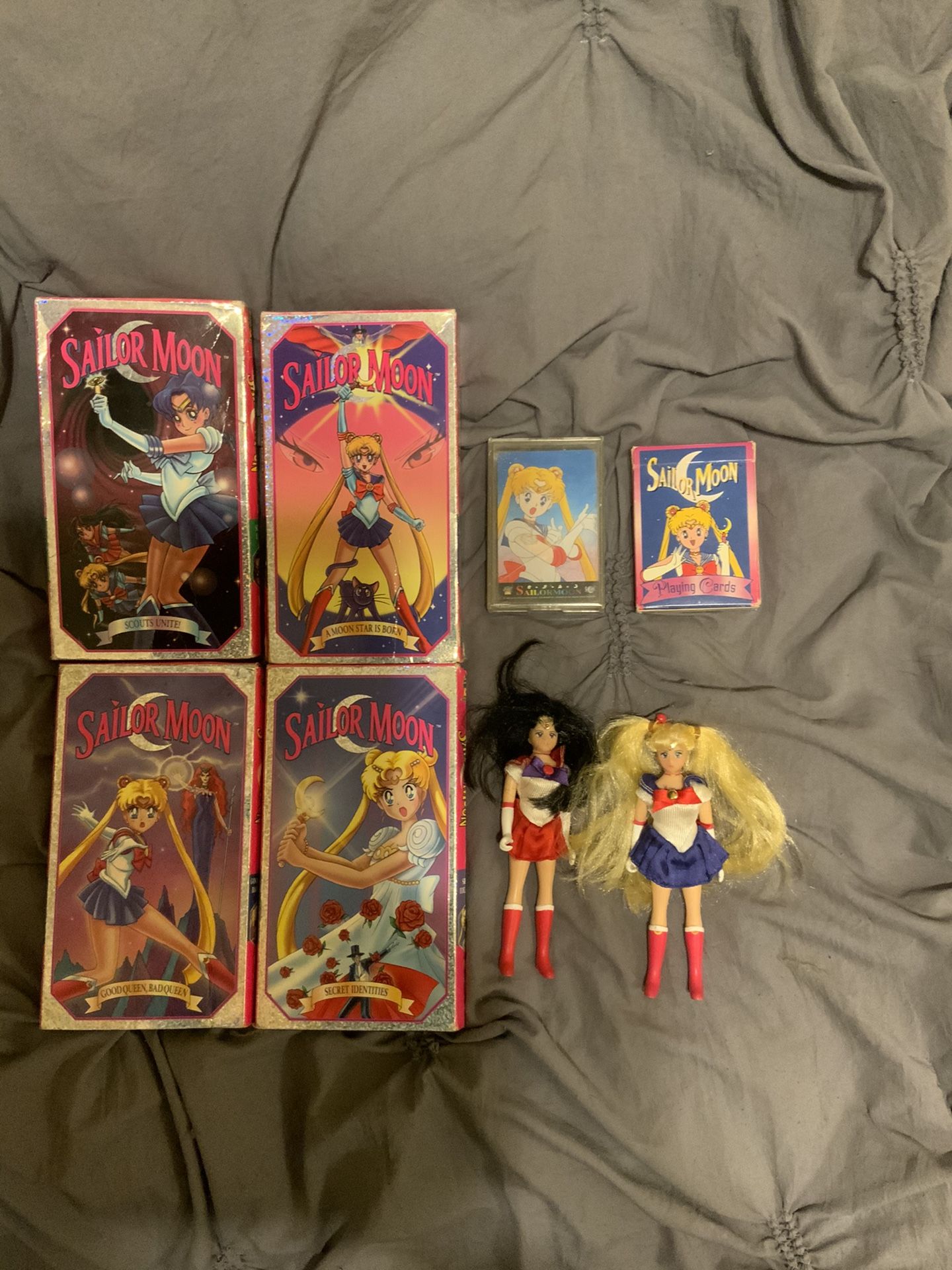 Vintage sailor moon lot. VHS playing cards figures