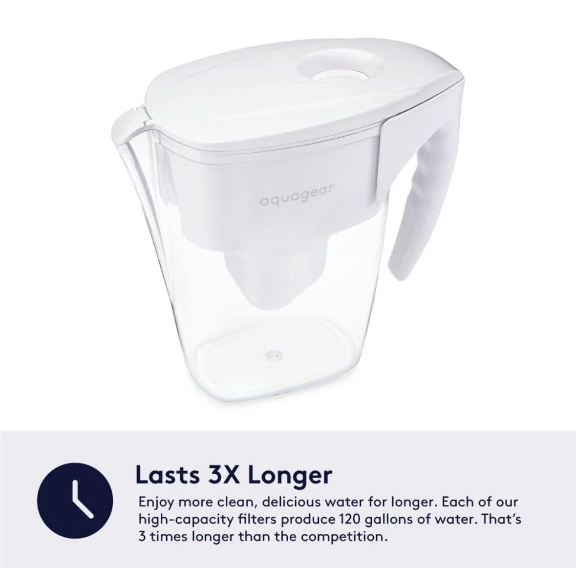Aquagear Water Filter Pitcher 10 Cup, 120 Gallon Filter Life