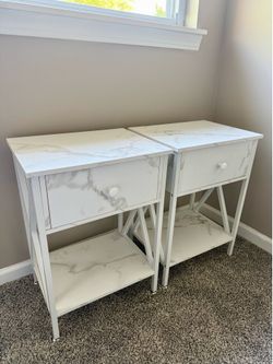 Set of 2 White Faux Marble Nightstands / End Tables – Like New! Moving Sale