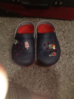 Gray,Red, And Blue Crocs With Charms