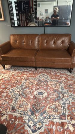 Brown Leather Tufted Sofa with Nailhead Trim