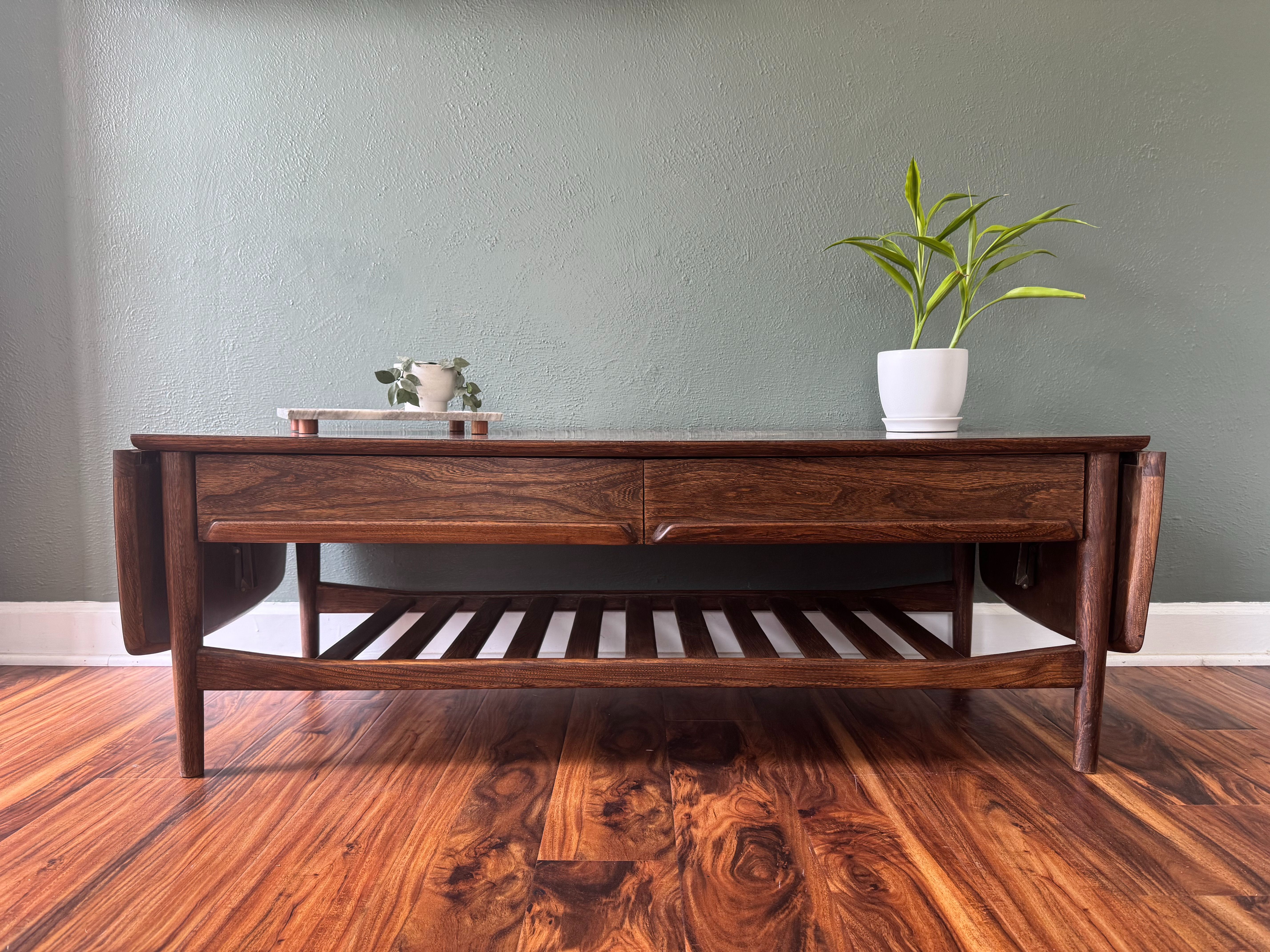 Midcentury Modern Wood Drop Leaf Rectangle Coffee Table with 2 Drawers for Storage