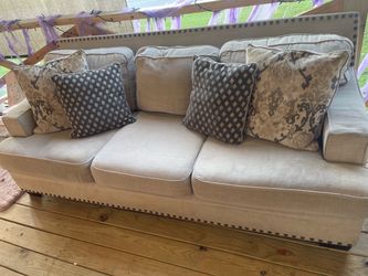 Beige Fabric Sofa with Nailhead Trim