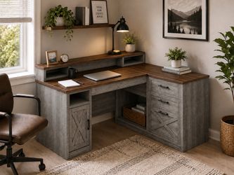 Farmhouse L-Shaped Desk with Hutch and Storage