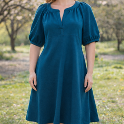 NWT CALVIN KLEIN Split Neck Puff Sleeve Empire Waist A Line Teal Dress 12P