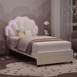 Twin Size Bed Frame with Storage & LED Light, Velvet Upholstered Platform Twin Bed with Adjustable Petal Headboard, Beige
