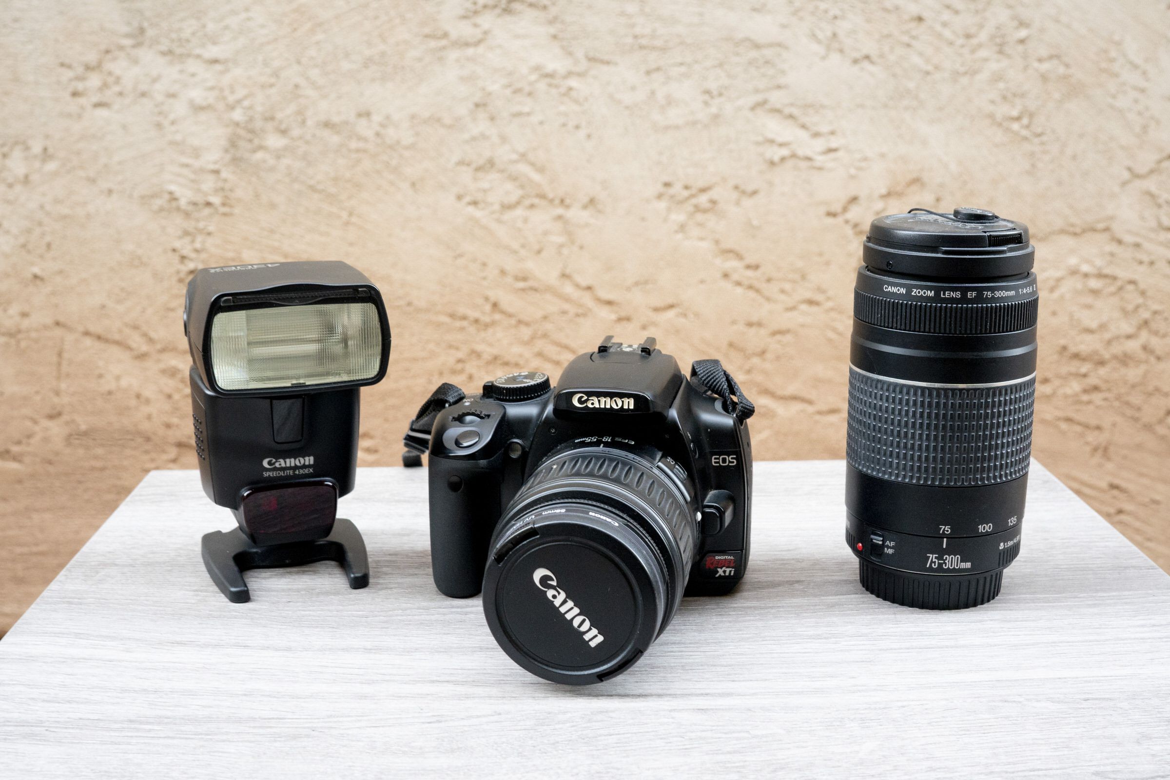 Canon XTi, 2 lenses, flash and camera bag