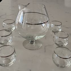 MCM Footed Roly Poly Cocktail Pitcher and 6 Glasses Silver Band Brandy