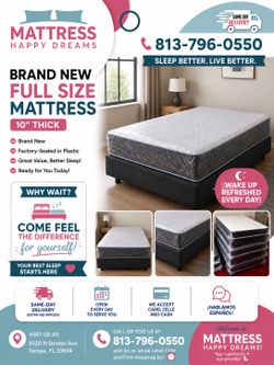 Full Size Mattress 10” Inches Thick ✨New From Factory Excellent Comfort Also Available: Twin, Queen And King Same Day Delivery 🚚