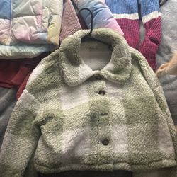 Green Plaid Sherpa Jacket – Cozy Button-Up Teddy Coat (Size S/M)
