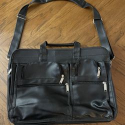 Black Faux Leather Laptop Briefcase Messenger or Travel Bag – Tons of Pockets 