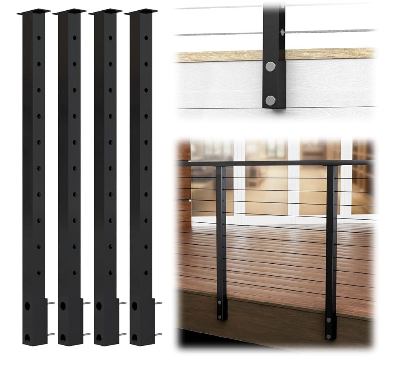 Muzata 4Pack Black Side Mount Cable Railing Post 36 Inch 36"x2"x2" Level Drilled Space-Saving Stainless Steel Cable Railing System Kit Indoor Outdoor 