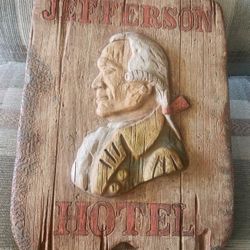 Jefferson Hotel Light Faux  Wood Carved Painted Wall Plaque Sign