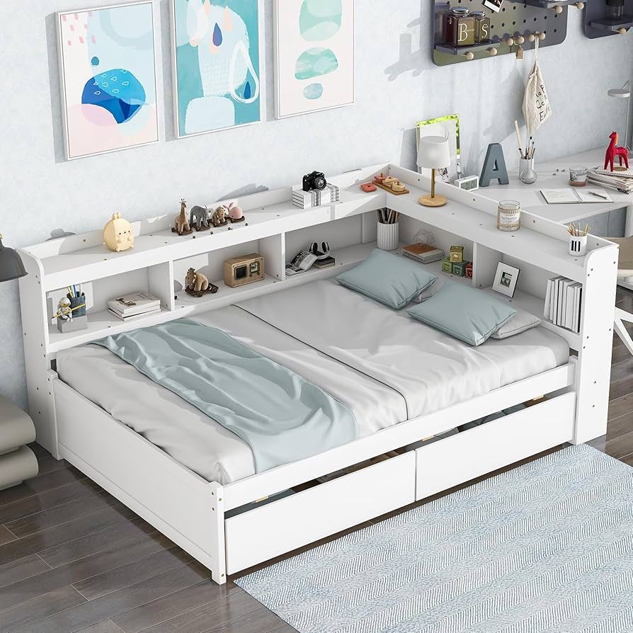 NEW Twin Size Wood Platform Bed Frame with L-shaped Bookcases,Storage Drawer, Bed White