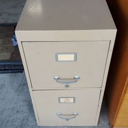 Beige metal two drawer filing cabinet