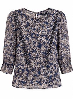 Madewell Silk Floral Ruffle Blouse Navy Blue Size S
