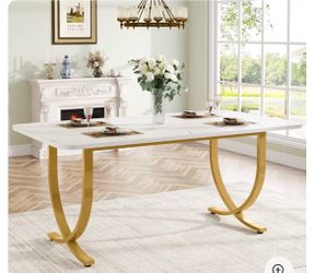 Tribesigns 63" Modern Kitchen Table with Gold Metal Legs, Faux Marble Rectangular Dining Table - brand new