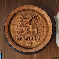 Vintage Faux Wood Lowenbrau Beer Barrel Bar Sign