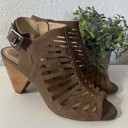 VINCE CAMUTO Size 10 Cutout Suede Cone Heel Booties Sandal Shoe Women Shoes Tan Please look at all pictures before buying