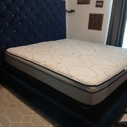 King Size Bed Frame Navy Blue With Diamond Button
